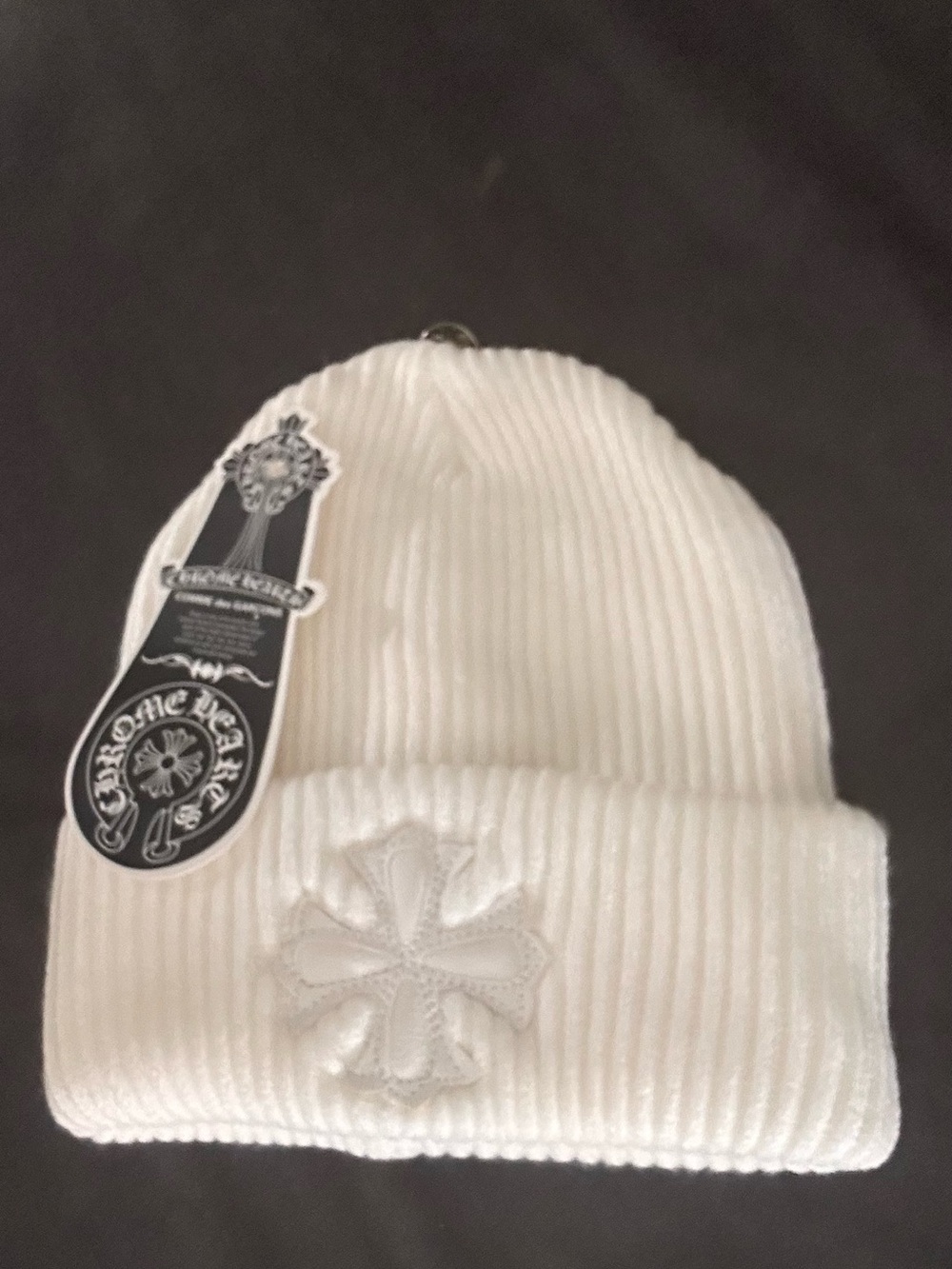 White Ribbed Beanie with Embroidered Cross